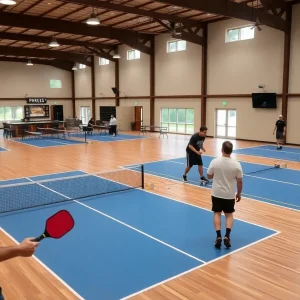 Indoor pickleball court with players and a bar area in PKL ROW.