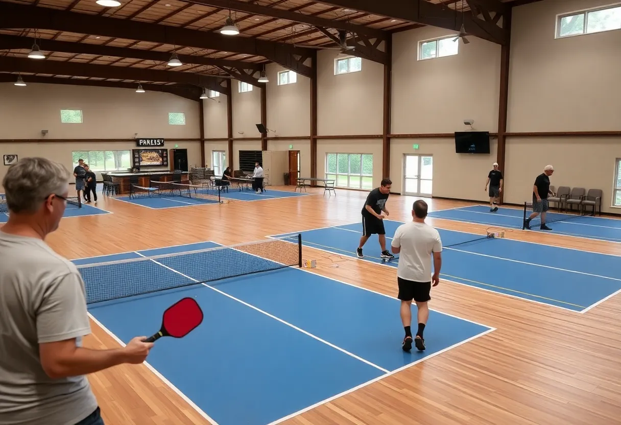 Indoor pickleball court with players and a bar area in PKL ROW.