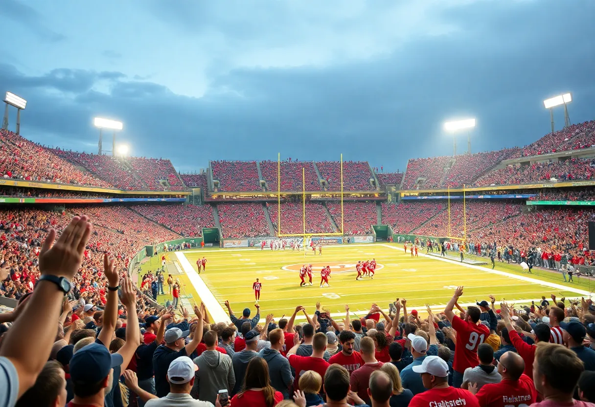 Fans celebrating a football victory at Davis Wade Stadium