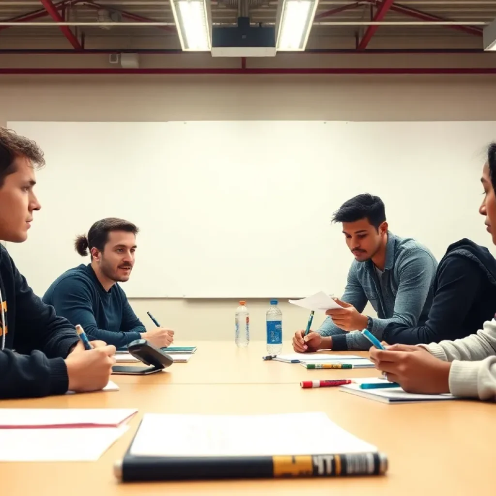 A group of young writers engaged in a sports journalism workshop, showcasing creativity and collaboration.