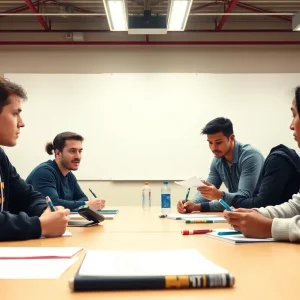 A group of young writers engaged in a sports journalism workshop, showcasing creativity and collaboration.