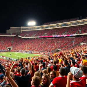 Fans cheering with cowbells at a college football game in Starkville