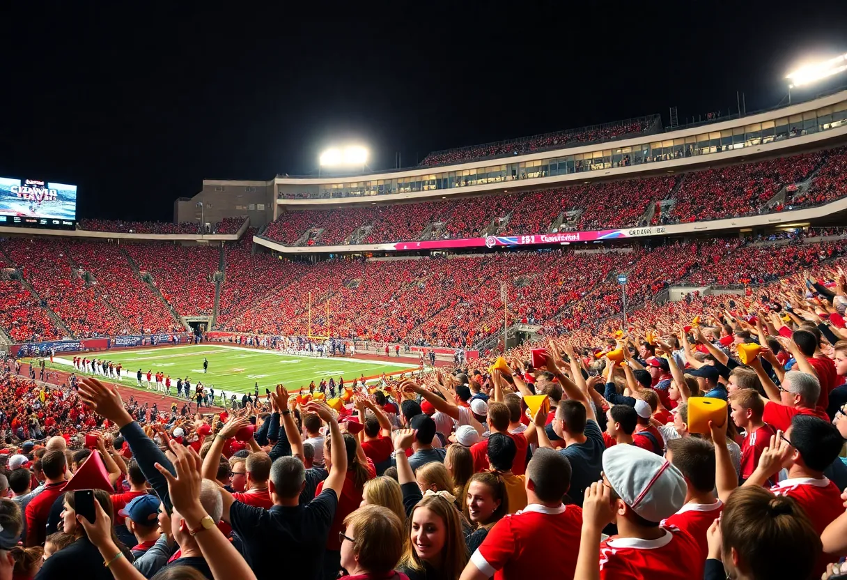 Fans cheering with cowbells at a college football game in Starkville
