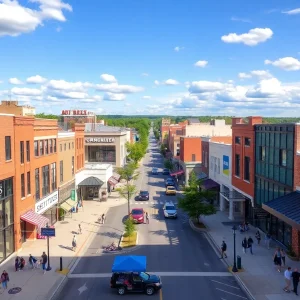 A busy downtown view of Starkville showcasing economic activity.