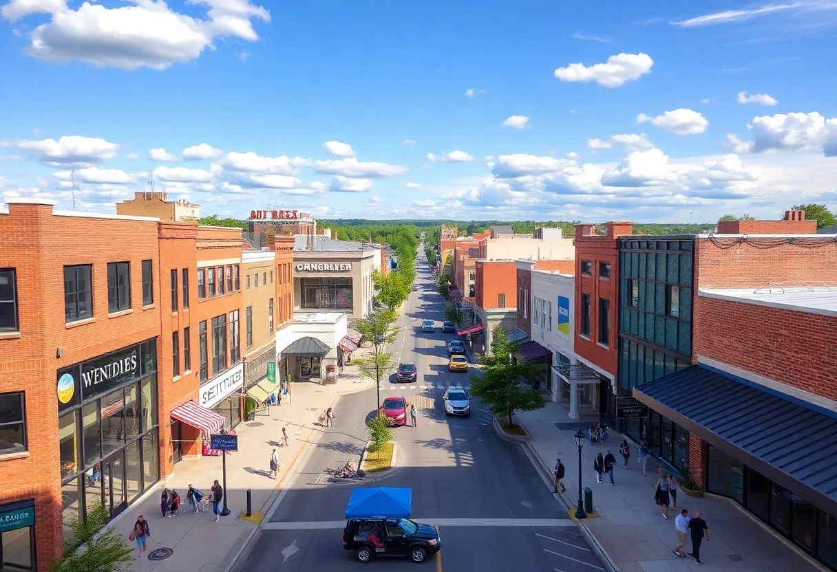 A busy downtown view of Starkville showcasing economic activity.