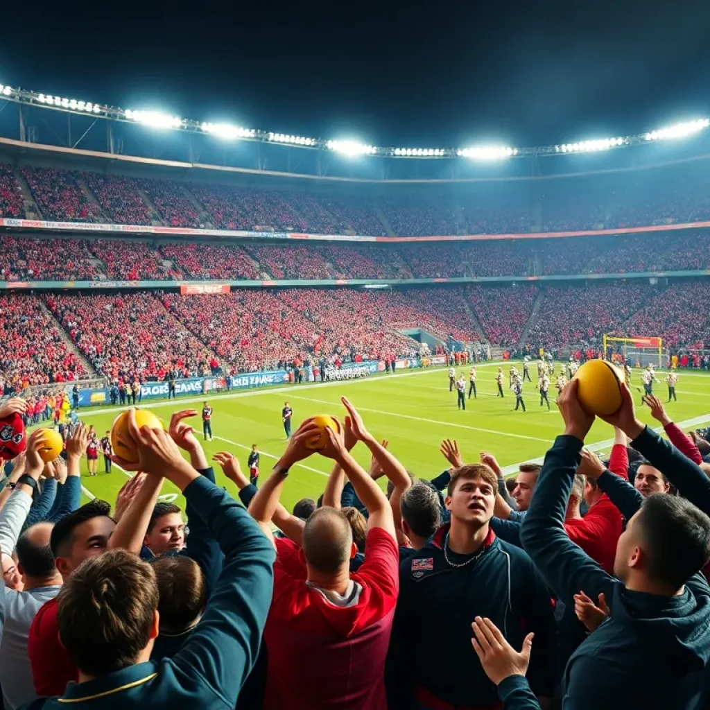 Fans celebrating at the football stadium after MSU's victory.