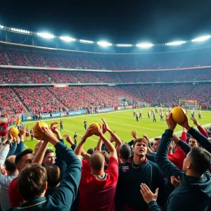 Fans celebrating at the football stadium after MSU's victory.