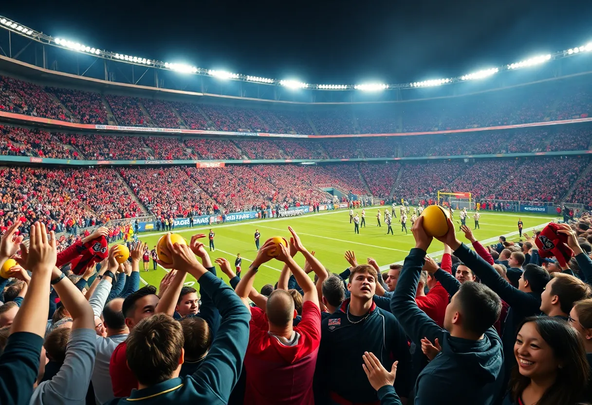 Fans celebrating at the football stadium after MSU's victory.