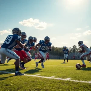 Football teams competing on the field during a game