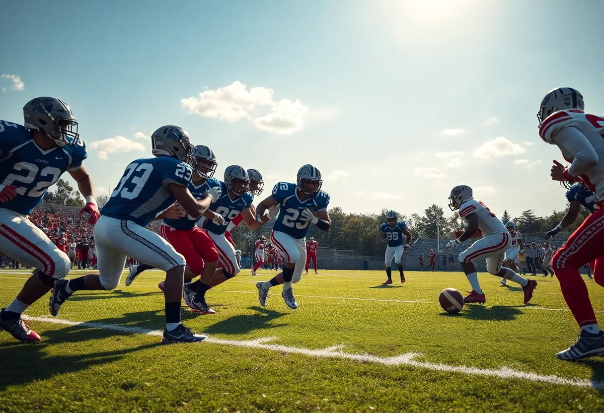 Football teams competing on the field during a game