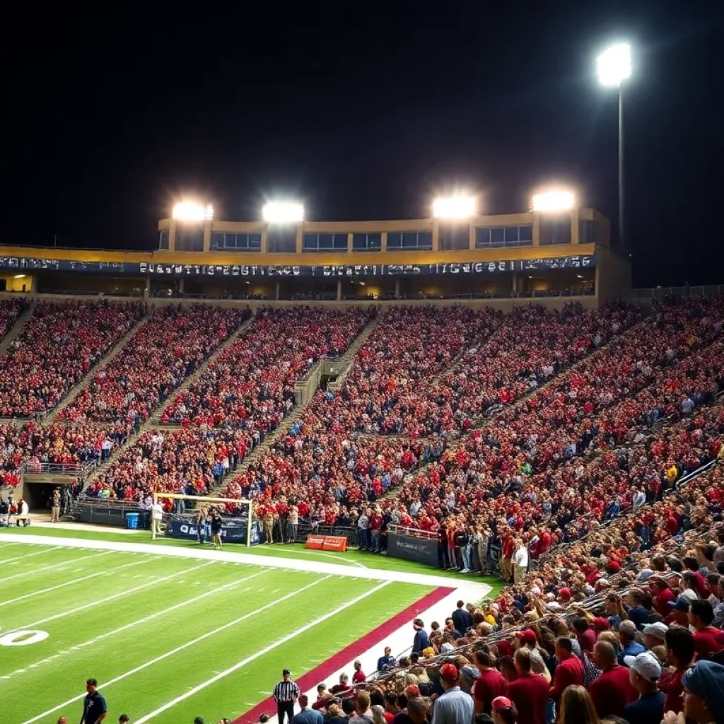 Starkville football stadium full of fans cheering under bright lights
