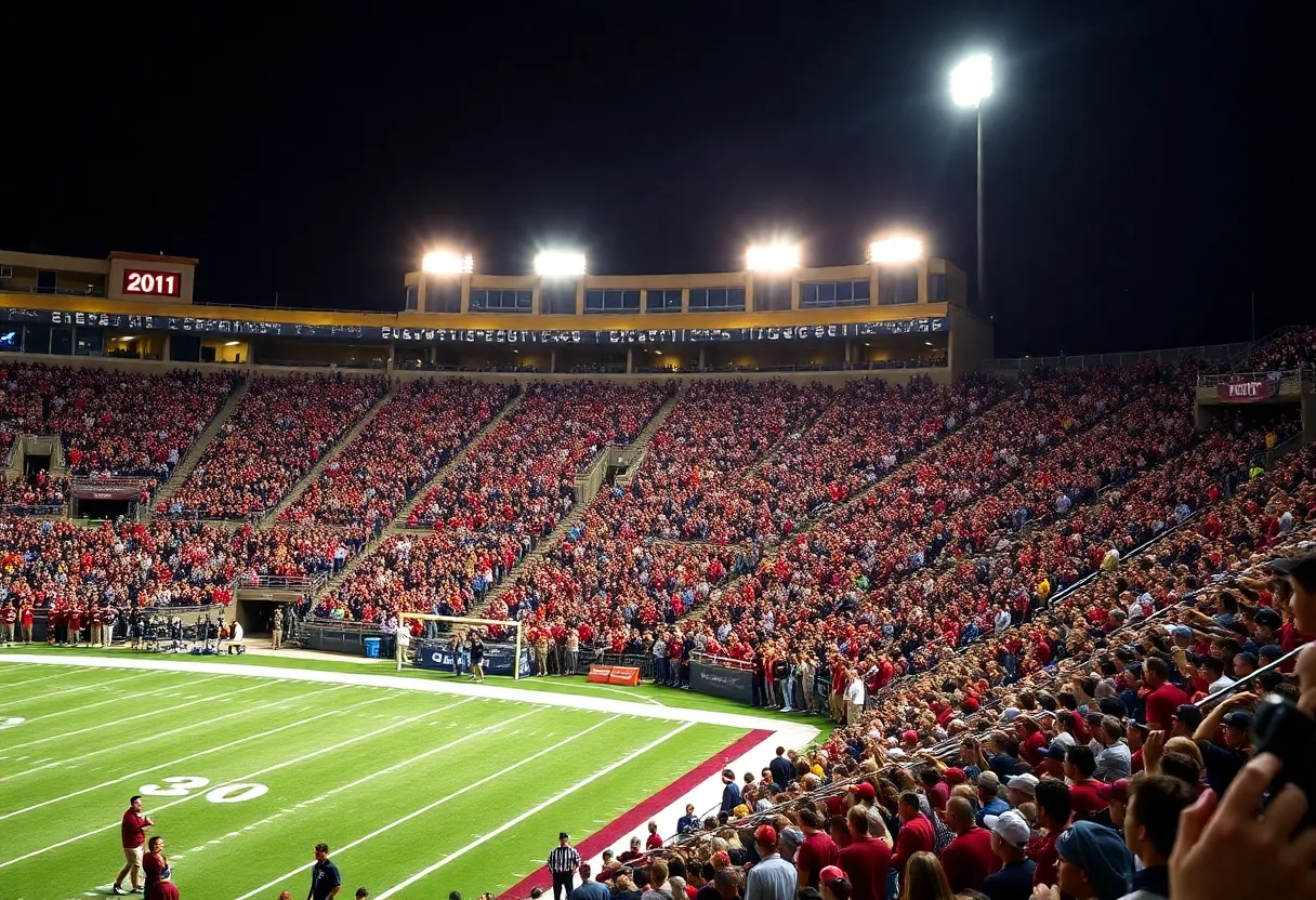 Starkville football stadium full of fans cheering under bright lights