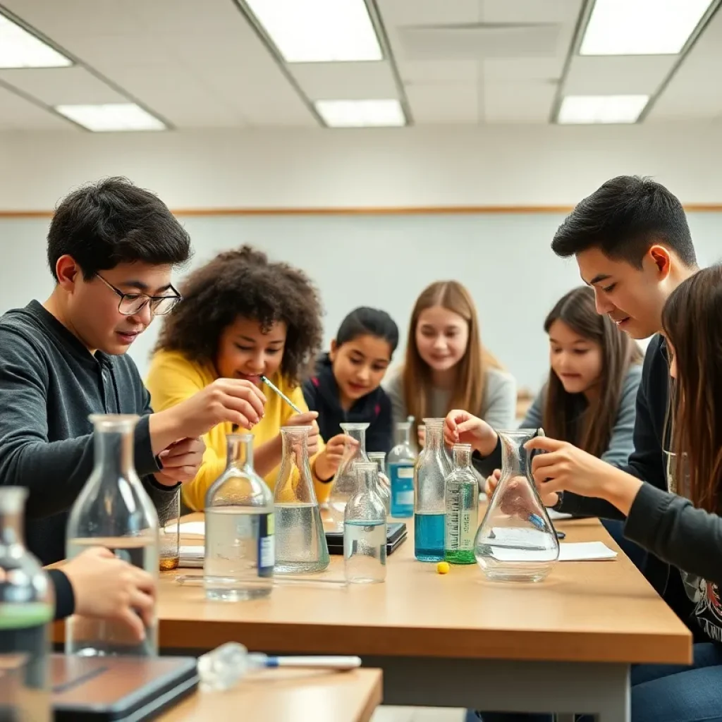 Students conducting a chemistry experiment in the classroom at Starkville High School.