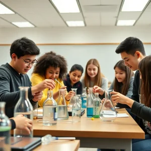 Students conducting a chemistry experiment in the classroom at Starkville High School.