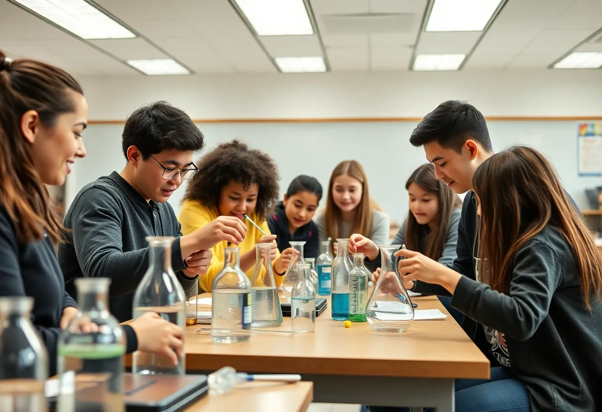 Students conducting a chemistry experiment in the classroom at Starkville High School.