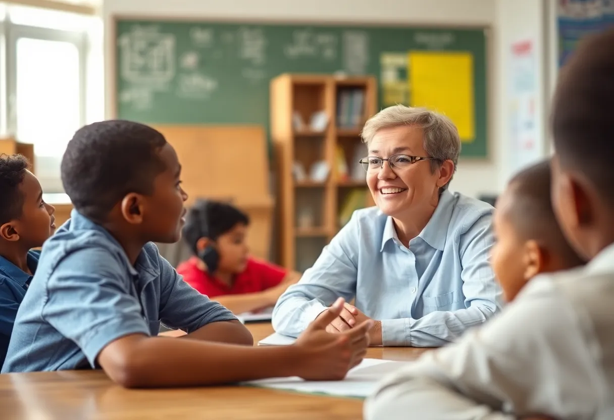 A teacher interacting with students in a classroom setting.