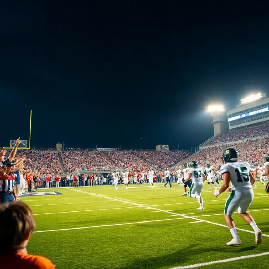 Tennessee football players celebrating after an overtime win