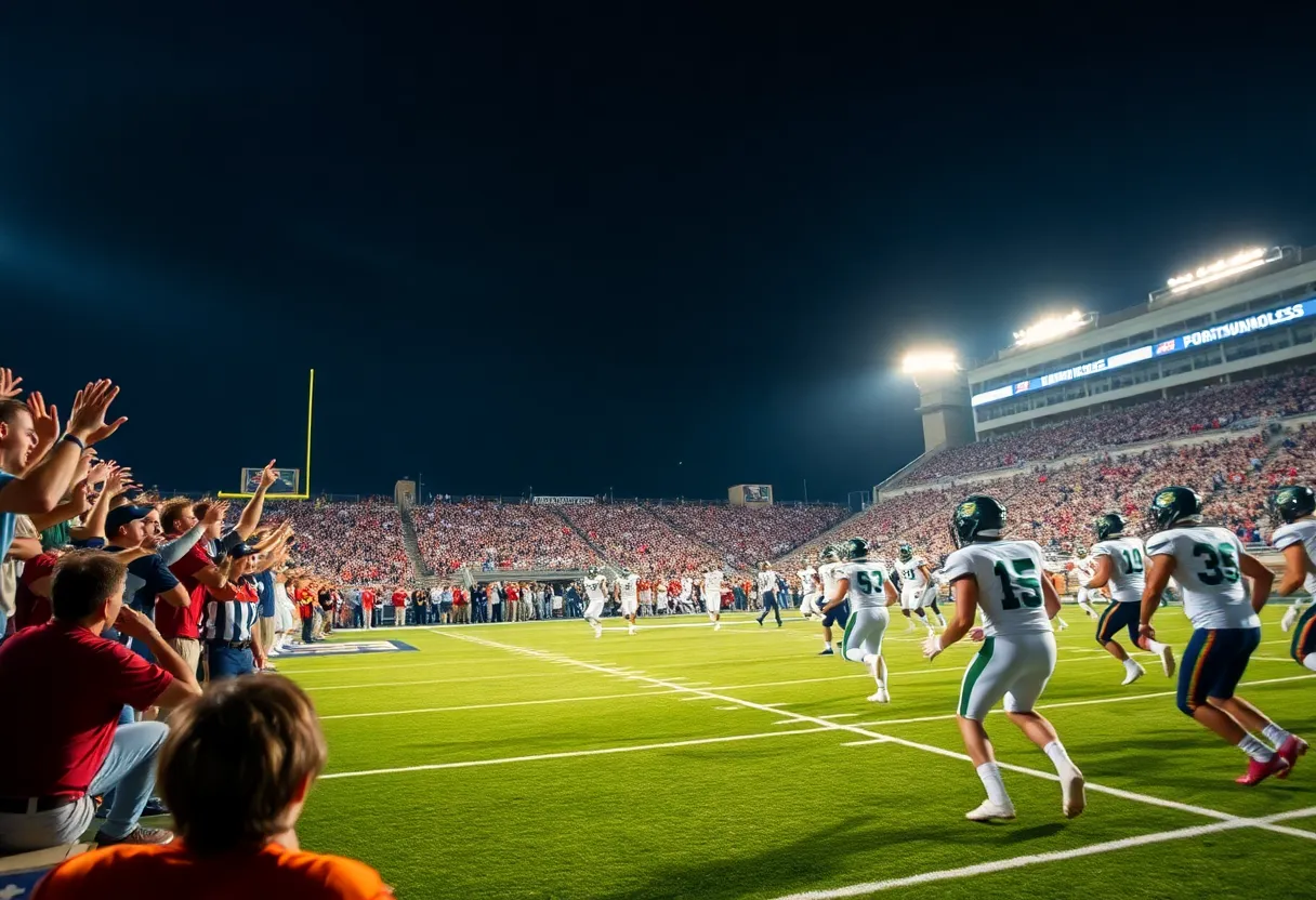 Tennessee football players celebrating after an overtime win