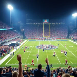 Football players competing in an animated game under stadium lights