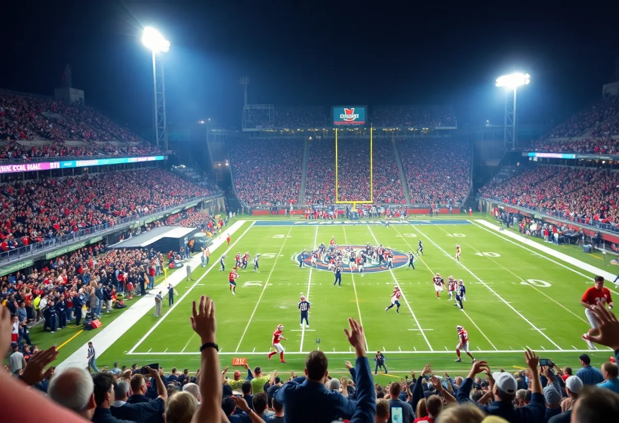 Football players competing in an animated game under stadium lights