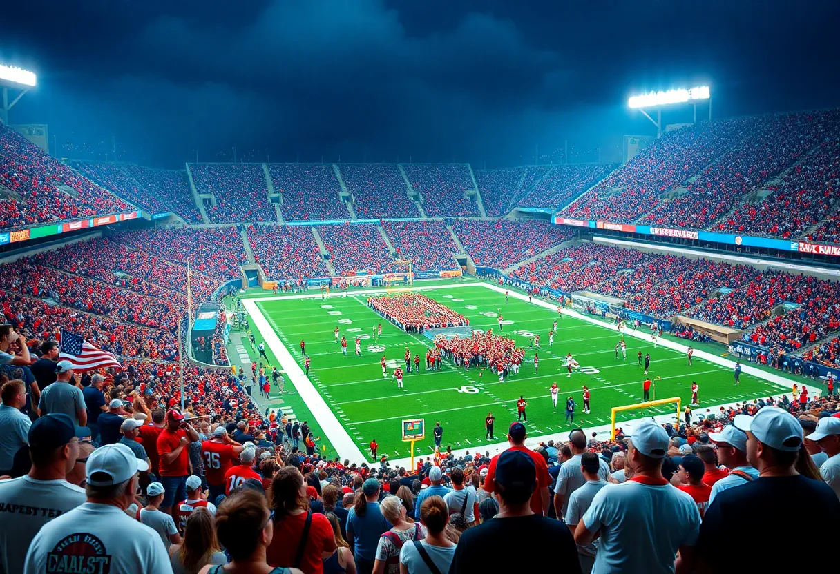 Fans cheering in Davis Wade Stadium during the Tennessee vs Mississippi State game