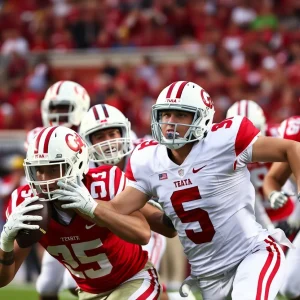 Football players from Tennessee Volunteers and Mississippi State Bulldogs competing on the field