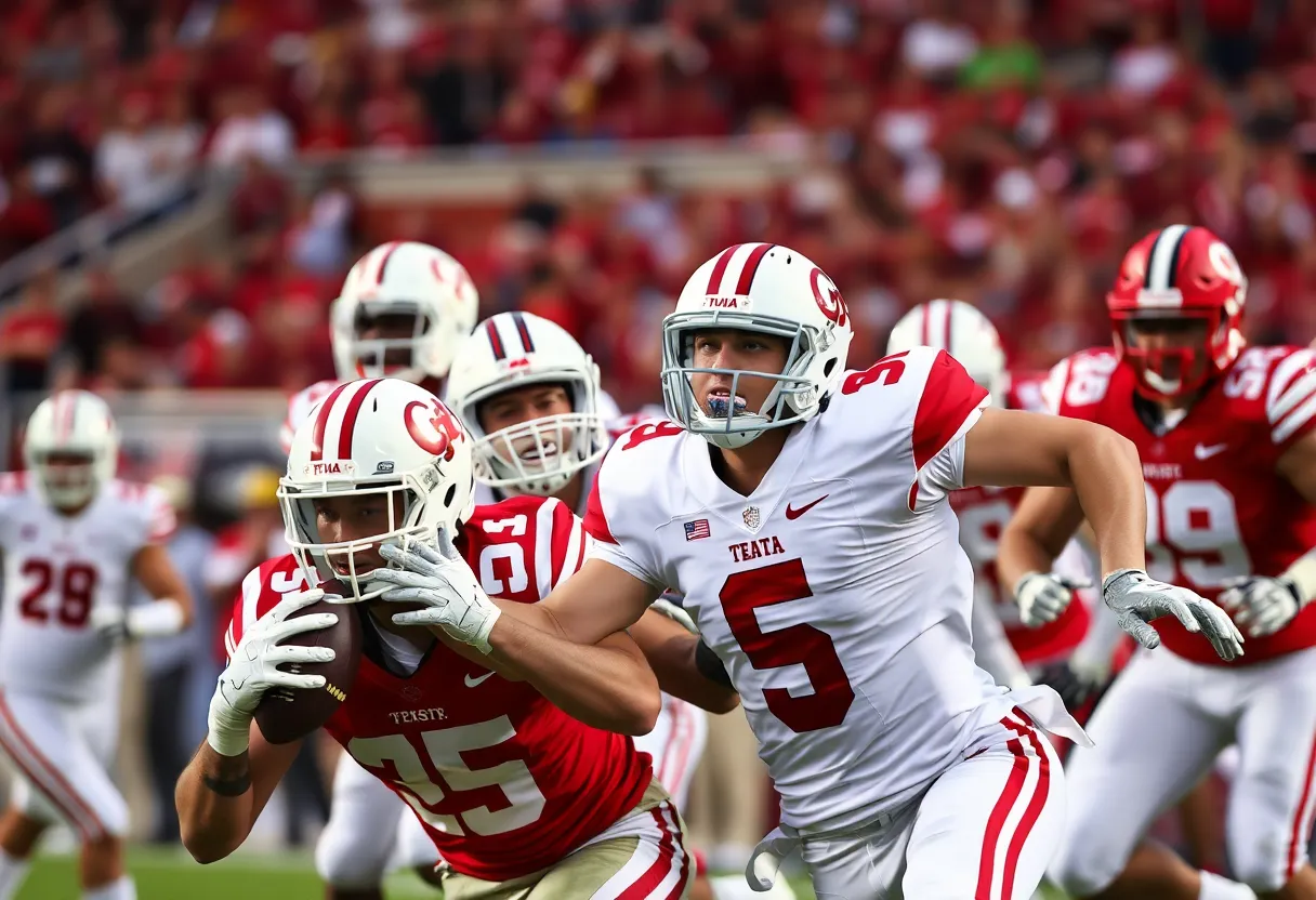 Football players from Tennessee Volunteers and Mississippi State Bulldogs competing on the field