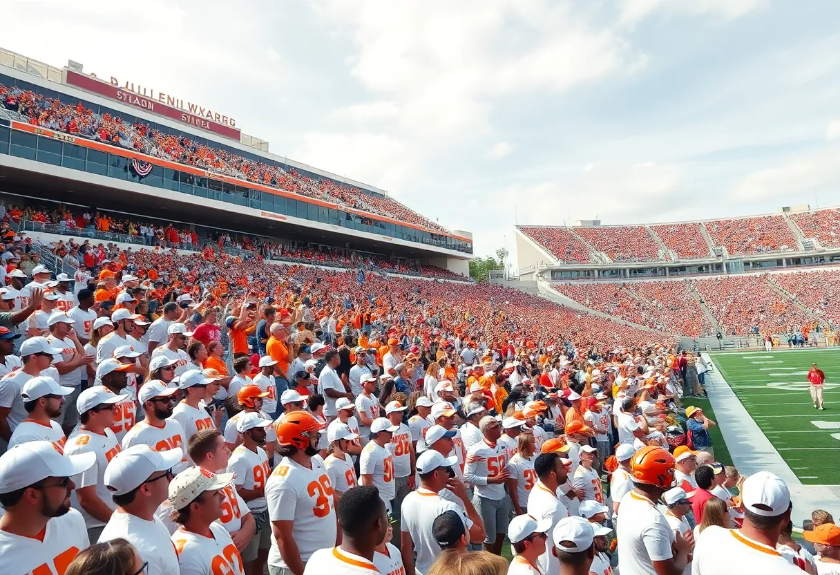 Exciting football game atmosphere with fans in white.