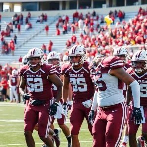 Texas A&M players celebrating a victory against Auburn in a college football game