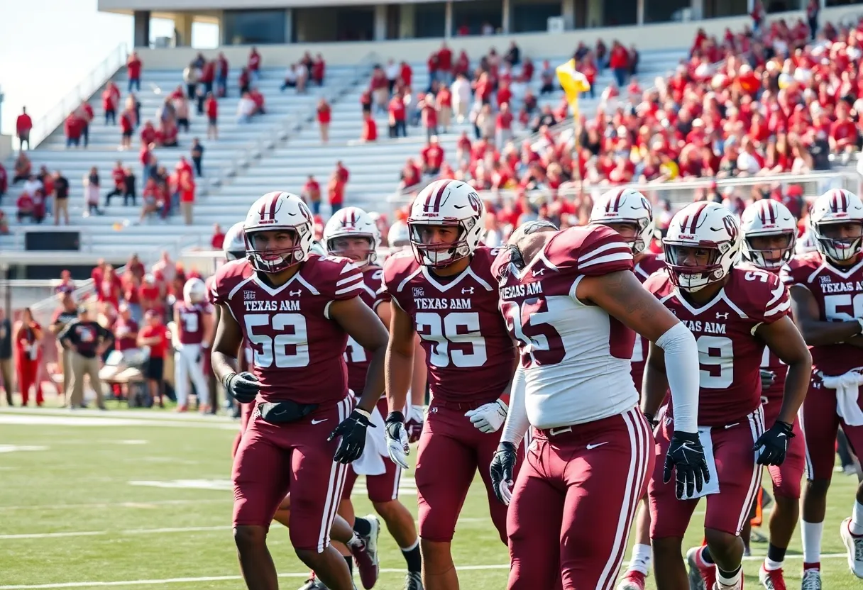 Texas A&M players celebrating a victory against Auburn in a college football game