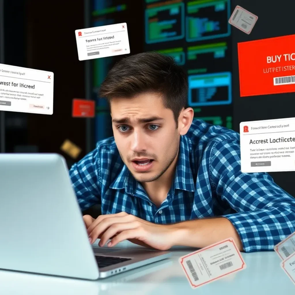 Illustration of a frustrated user encountering TicketMaster error on laptop.