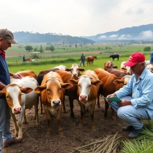 Farmers interacting with livestock in a rural setting, highlighting the importance of veterinary care.