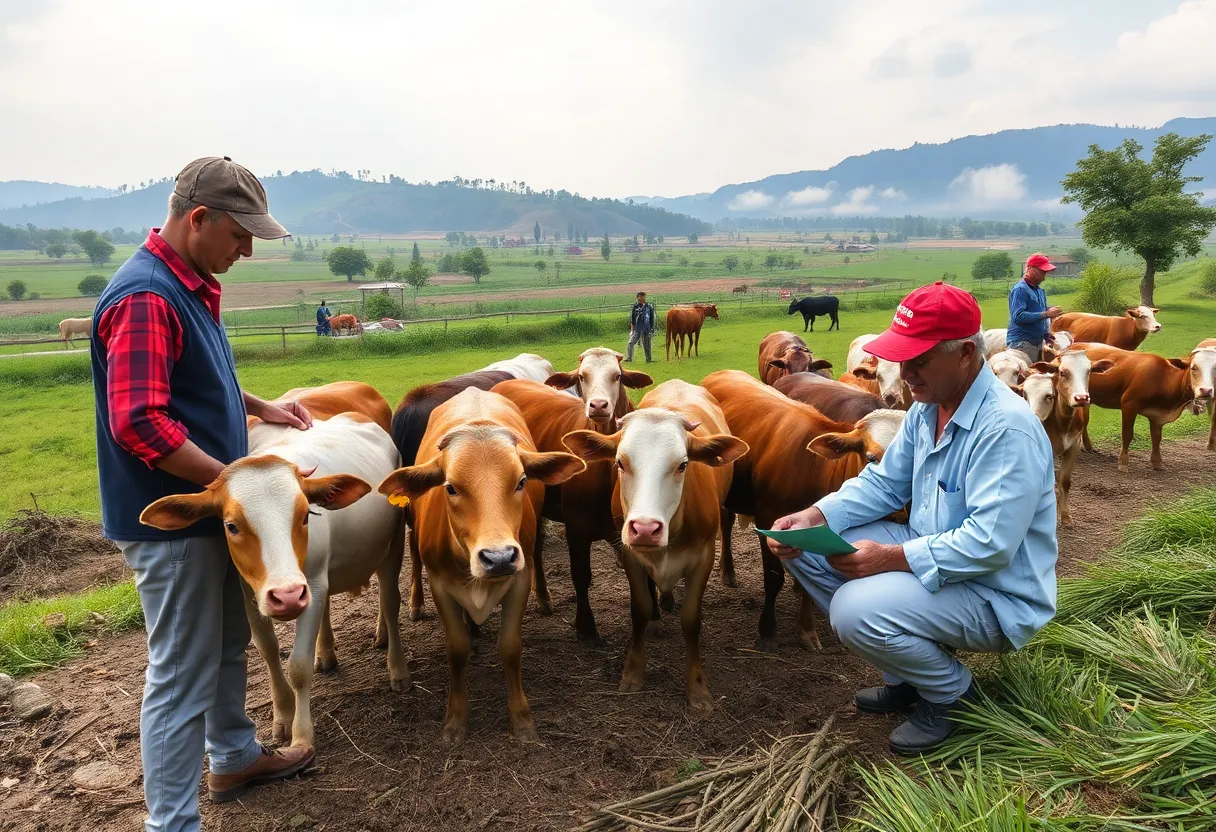 Farmers interacting with livestock in a rural setting, highlighting the importance of veterinary care.