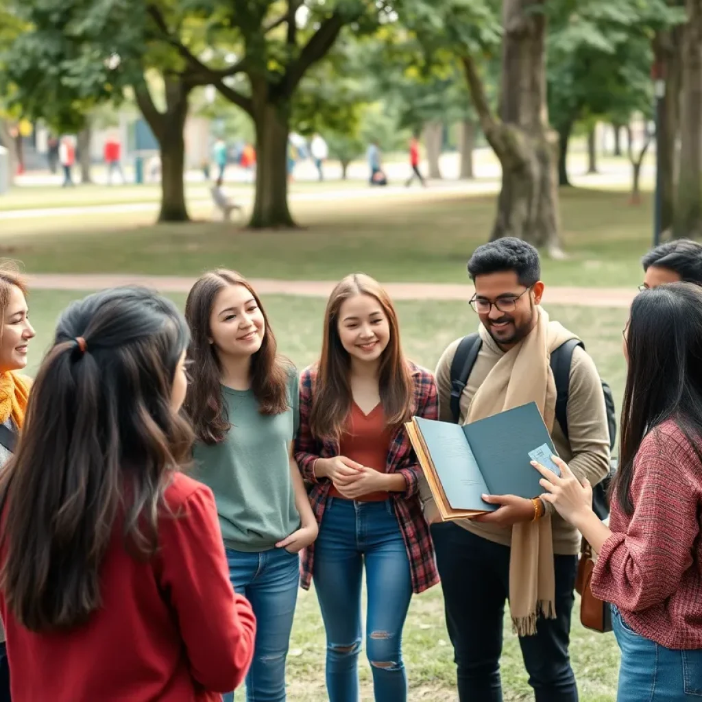 Young people engaging in discussion about faith in a community setting.