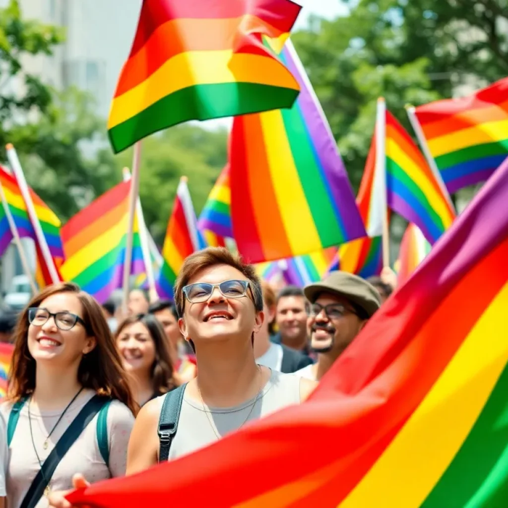 A lively LGBTQ+ pride parade with colorful flags and a diverse group of participants celebrating