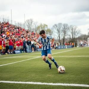A soccer player dribbling the ball on a field during a college match.