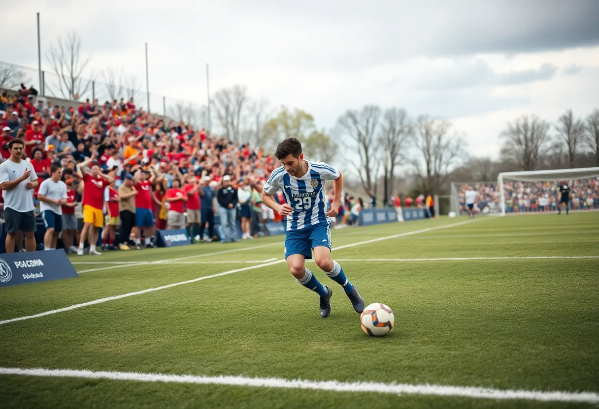 A soccer player dribbling the ball on a field during a college match.