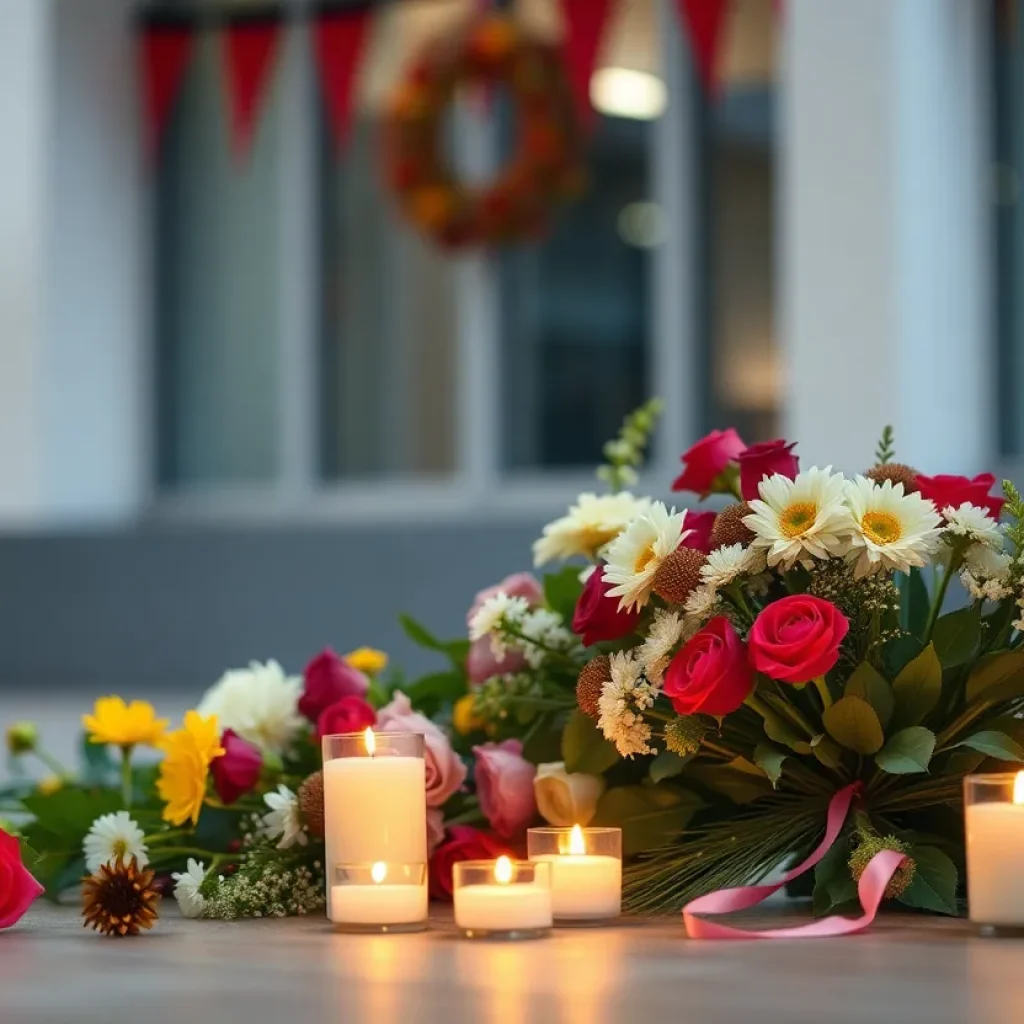 Memorial scene for Ann Brooks McAllister Mitchell with flowers and candles.