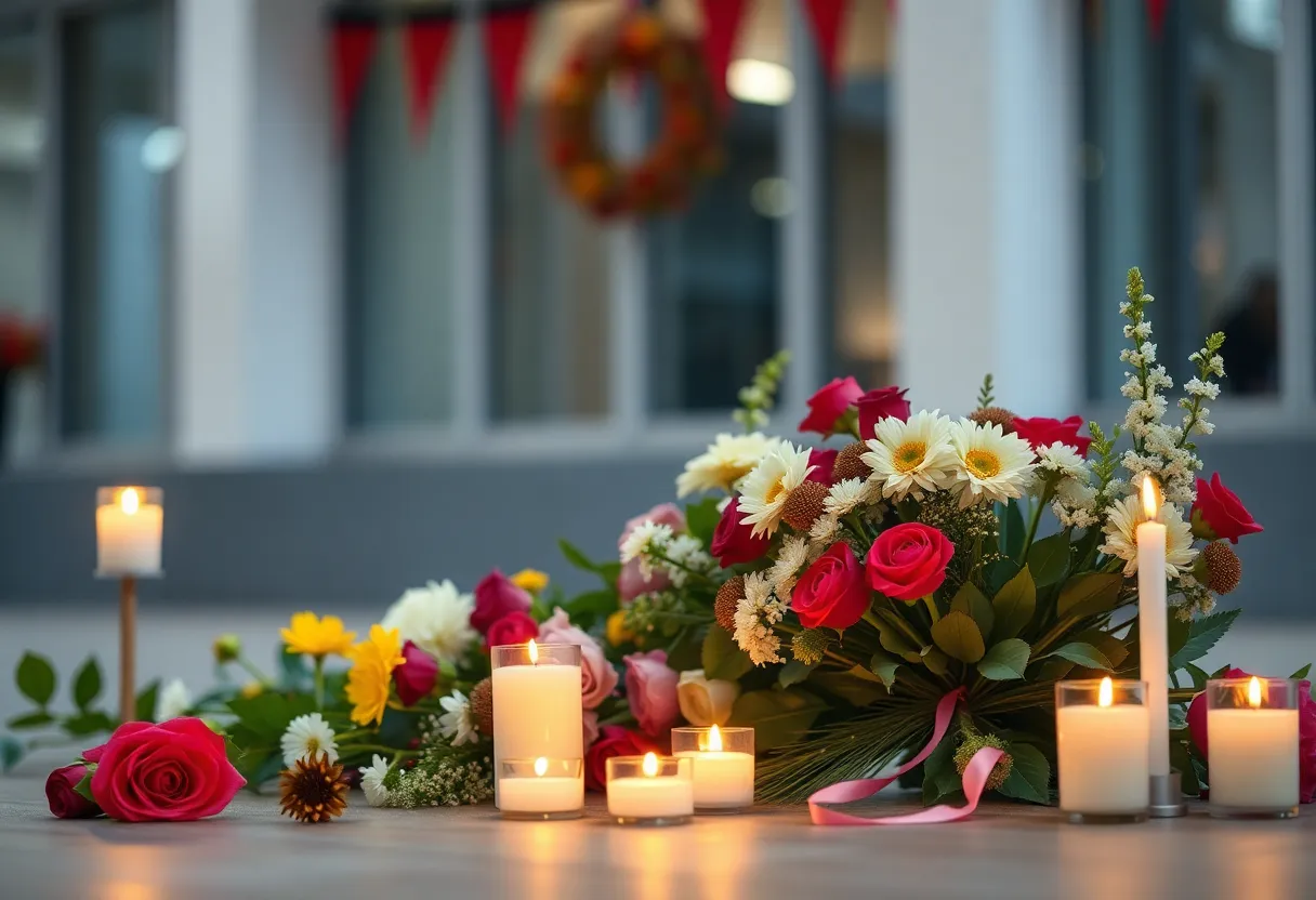 Memorial scene for Ann Brooks McAllister Mitchell with flowers and candles.