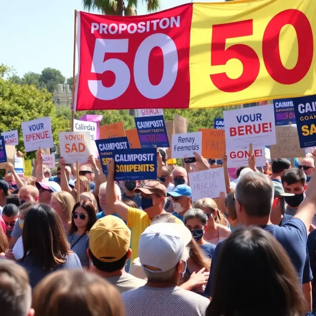 Political rally scene in California advocating for Proposition 50.