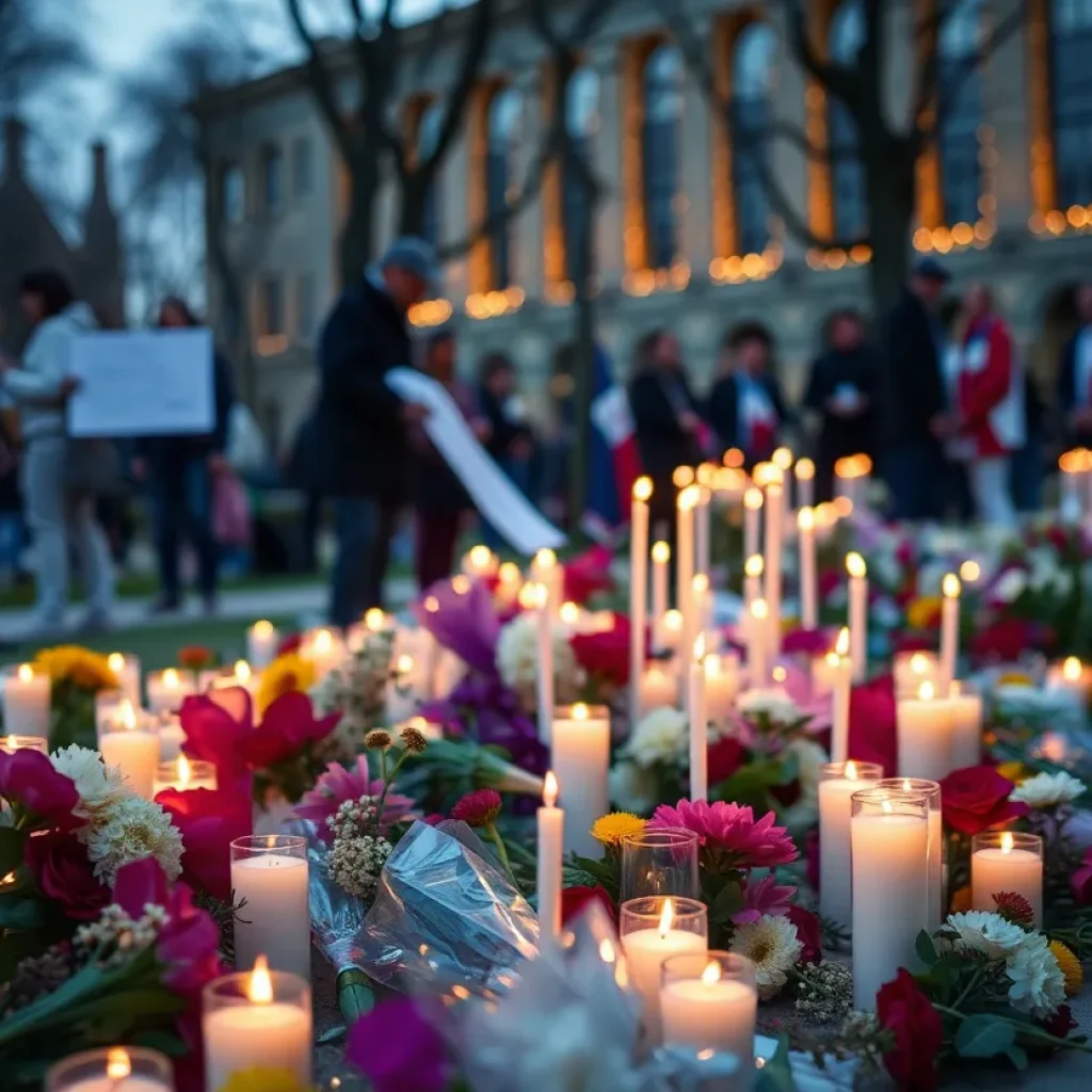 Memorial setup for Charlie Kirk with candles and flowers