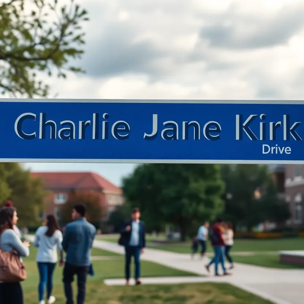 Mockup of a road sign for Charlie Kirk Drive on a university campus