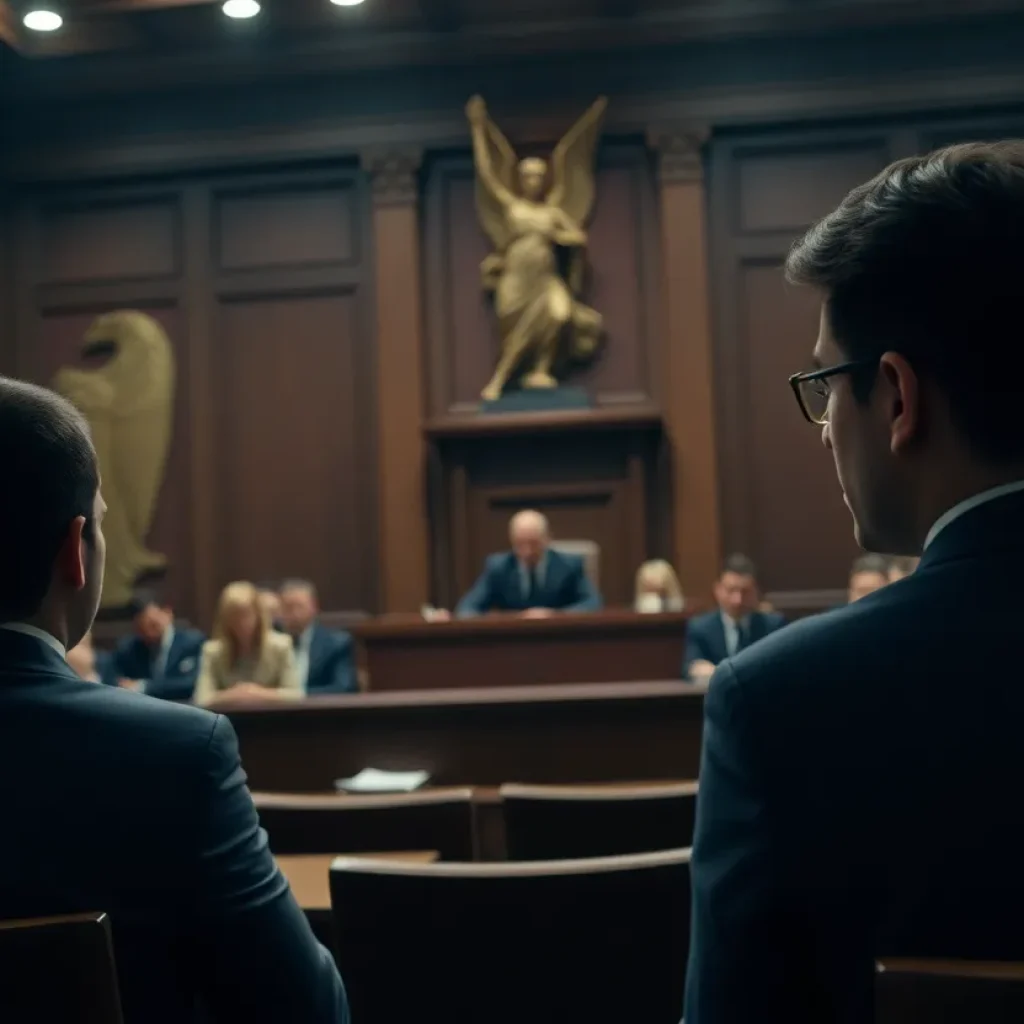 A courtroom with emotional tension symbolizing legal battles and controversy