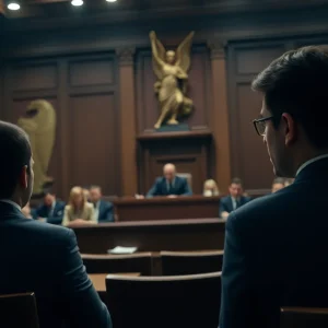 A courtroom with emotional tension symbolizing legal battles and controversy