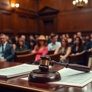 A courtroom filled with people during a high-profile murder trial