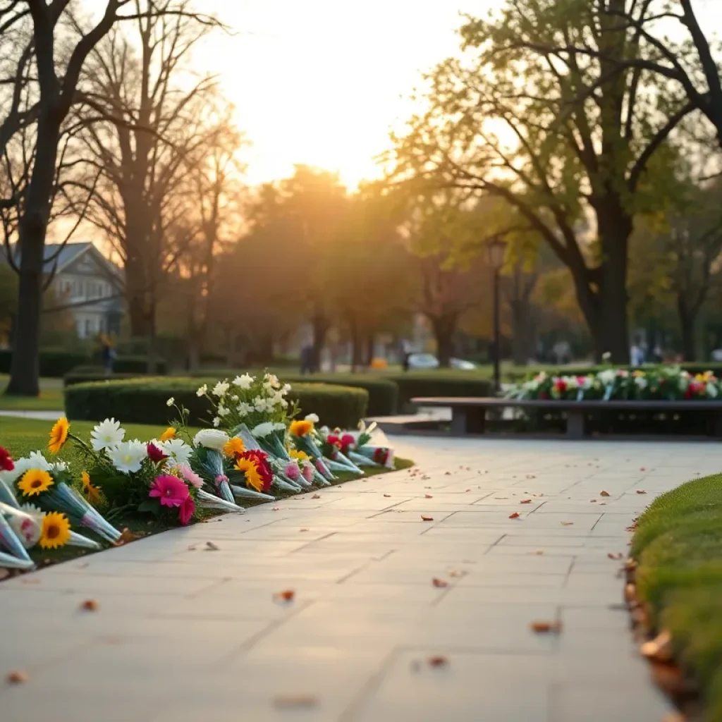 A peaceful scene of remembrance with flowers in a park