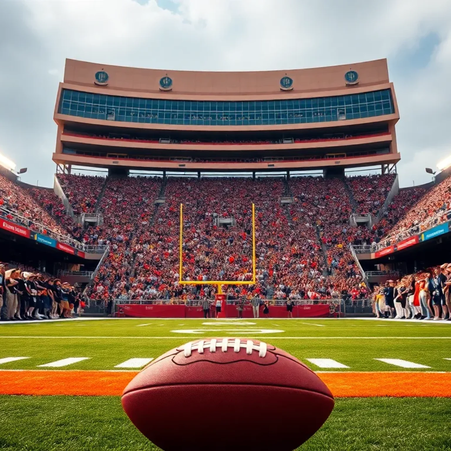 A college football stadium with fans during a game.