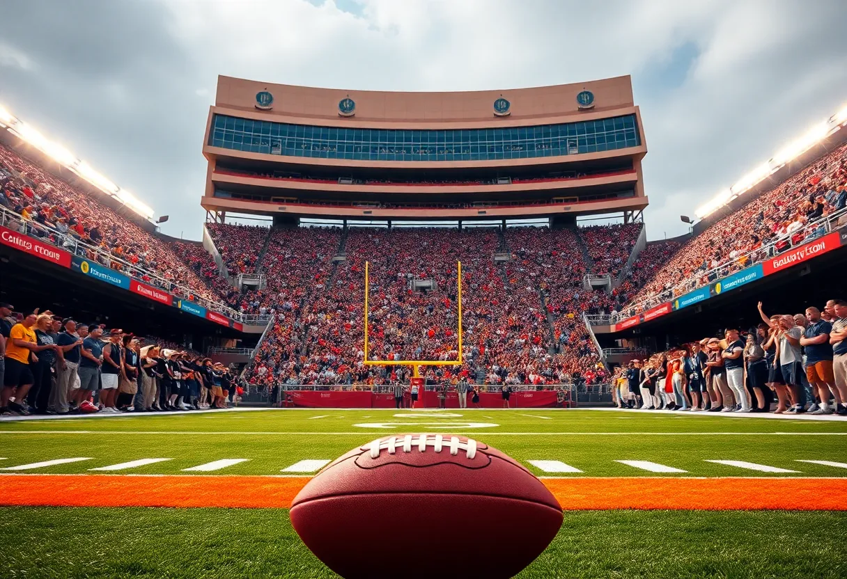 A college football stadium with fans during a game.
