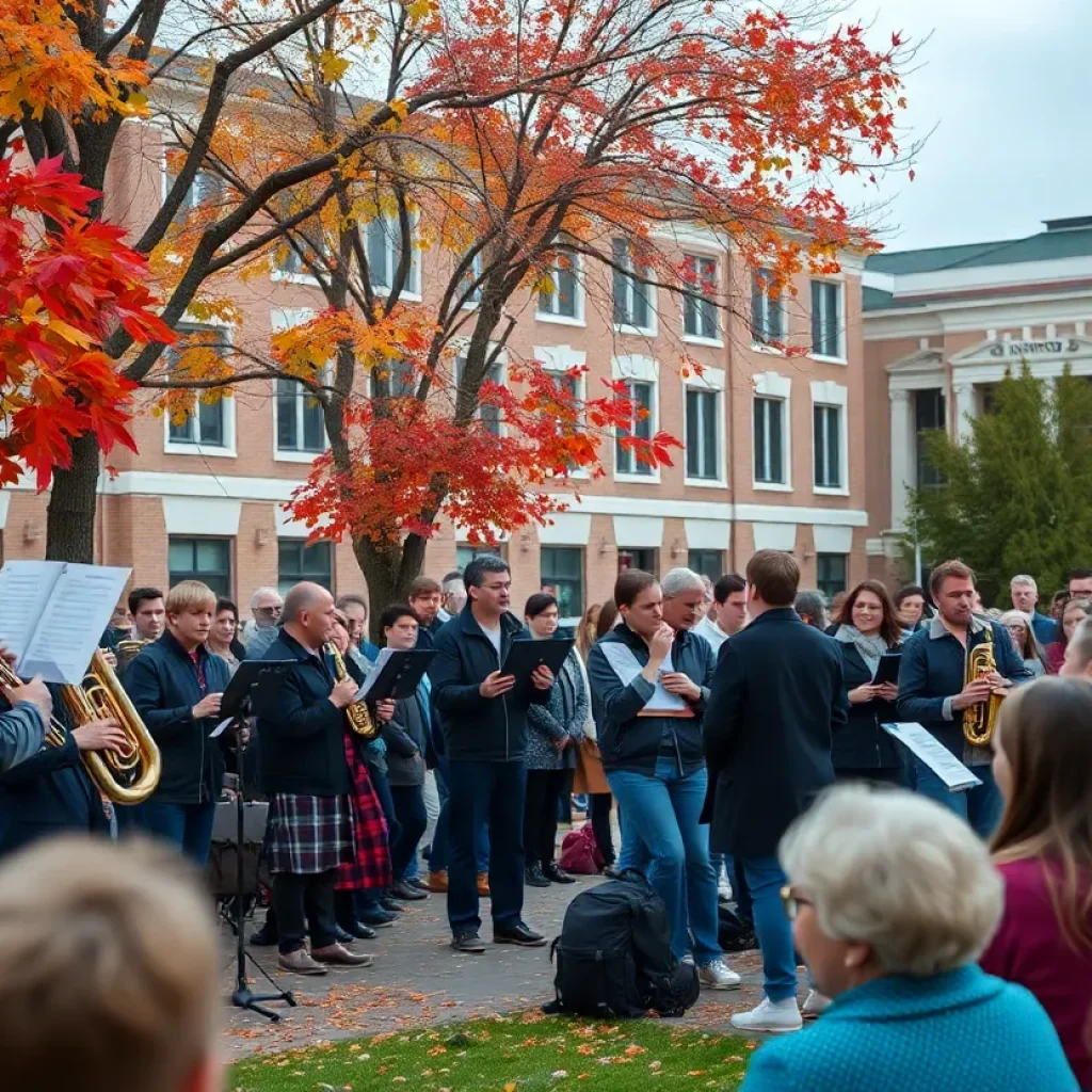 Crowd enjoying a community band concert in Starkville during autumn.