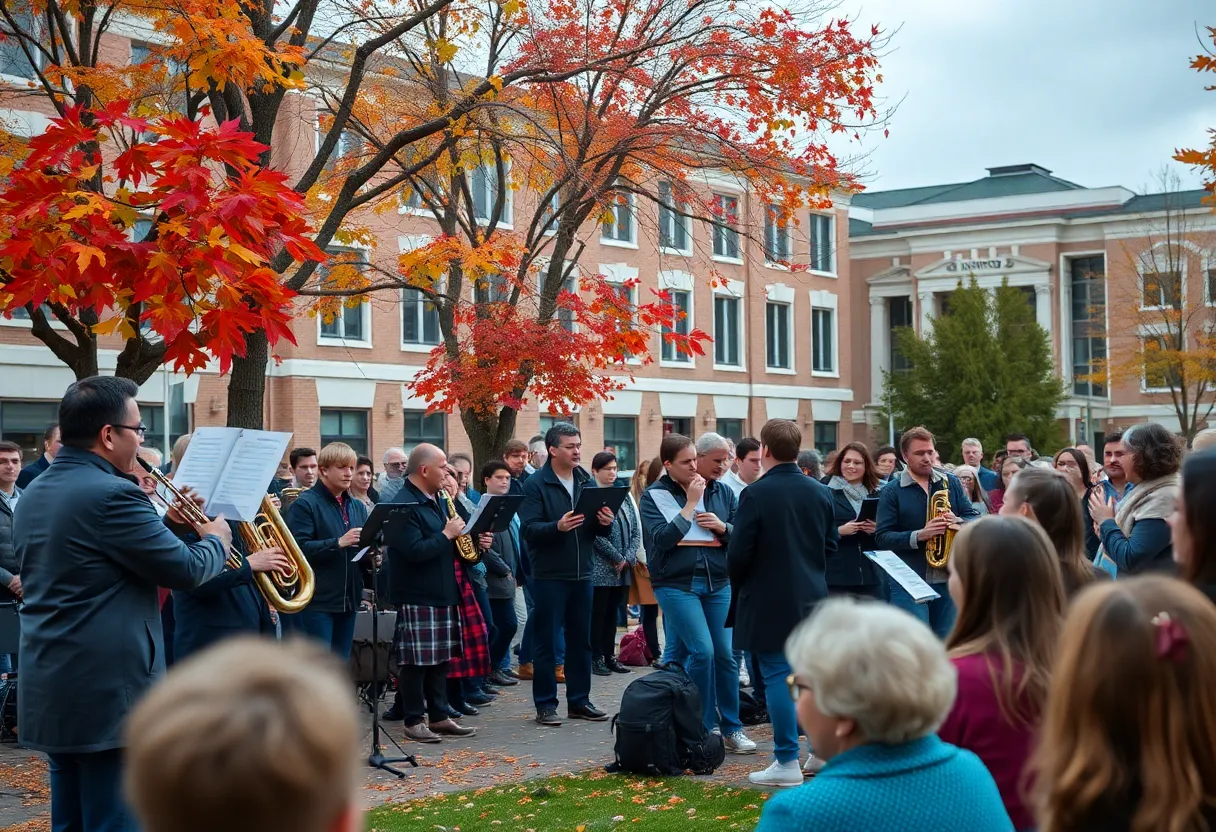Crowd enjoying a community band concert in Starkville during autumn.